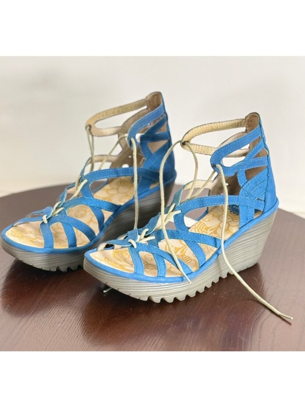 FLY LONDON Women's Lace-Up Wedges Size 39 / US 8-8.5 Blue Casual